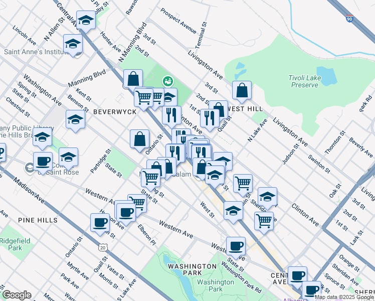 map of restaurants, bars, coffee shops, grocery stores, and more near in Albany