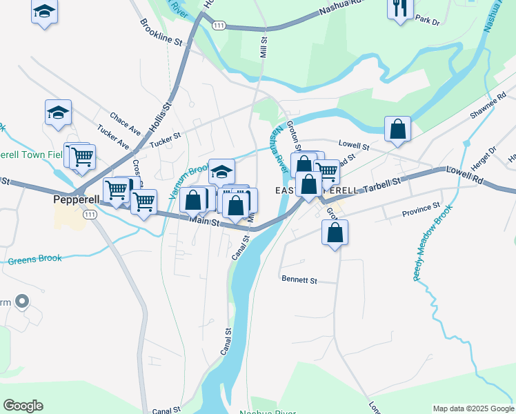 map of restaurants, bars, coffee shops, grocery stores, and more near 9 Mill Street in Pepperell
