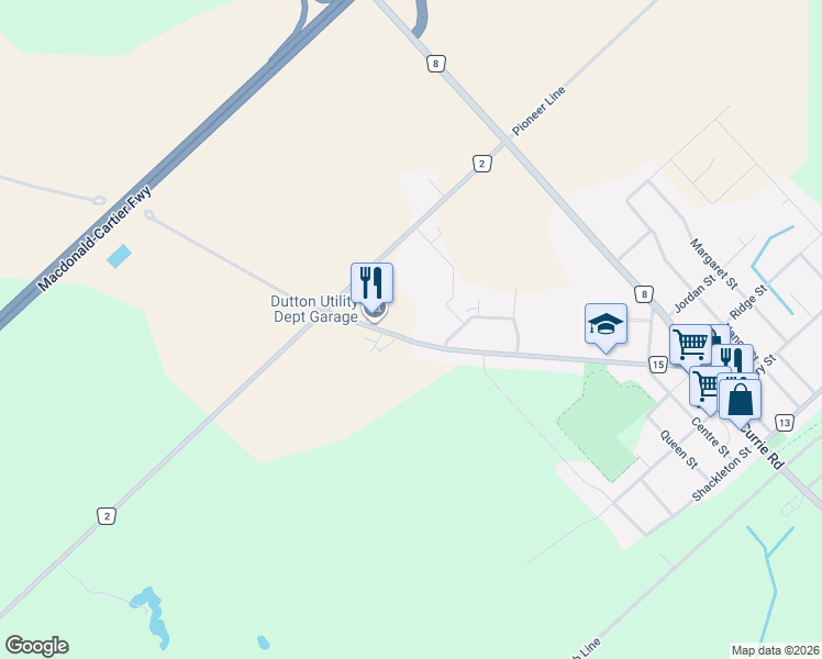 map of restaurants, bars, coffee shops, grocery stores, and more near 11054 Miller Road in Dutton