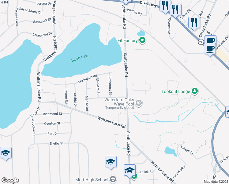 map of restaurants, bars, coffee shops, grocery stores, and more near 1822 Birchcrest Street in Waterford Township