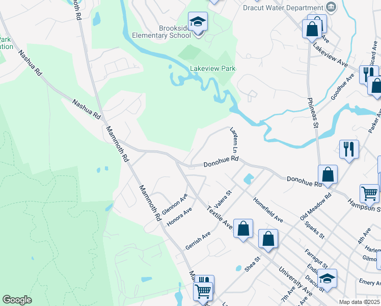 map of restaurants, bars, coffee shops, grocery stores, and more near 285 Donohue Road in Dracut