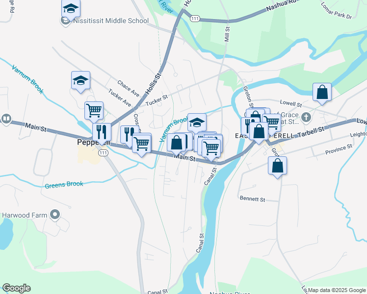 map of restaurants, bars, coffee shops, grocery stores, and more near in Pepperell