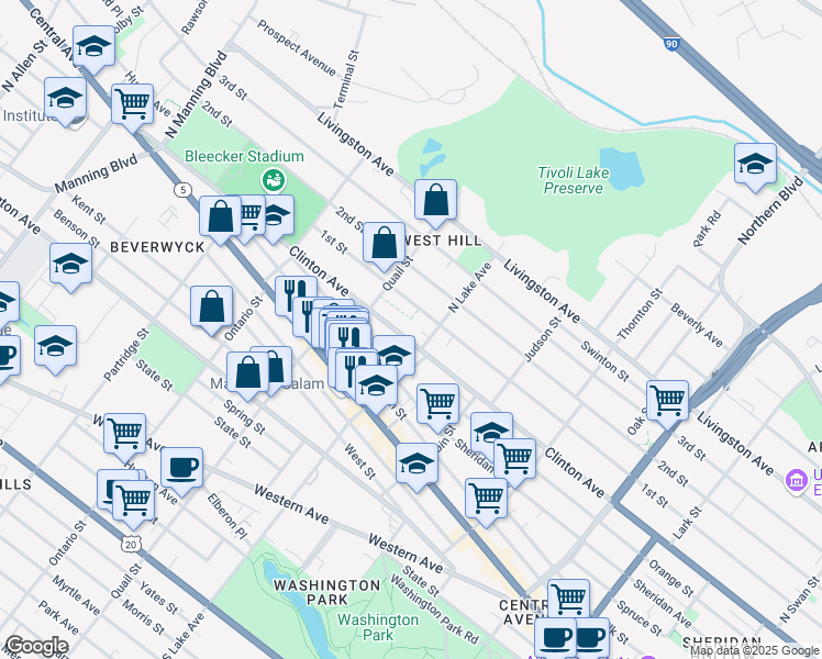 map of restaurants, bars, coffee shops, grocery stores, and more near 585 Clinton Avenue in Albany
