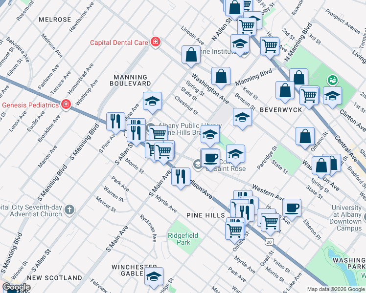 map of restaurants, bars, coffee shops, grocery stores, and more near in Albany