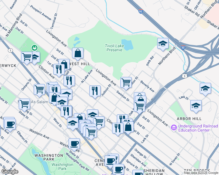 map of restaurants, bars, coffee shops, grocery stores, and more near 61 Judson Street in Albany