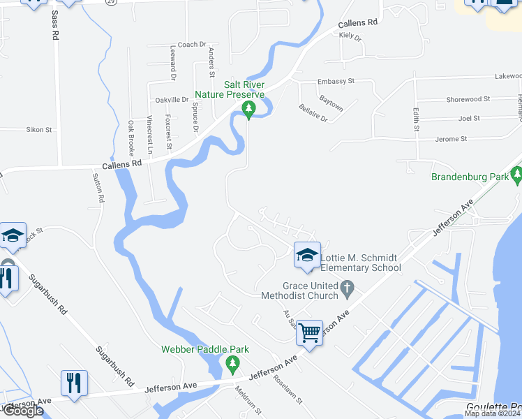 map of restaurants, bars, coffee shops, grocery stores, and more near 33538 Bayview Drive in New Baltimore