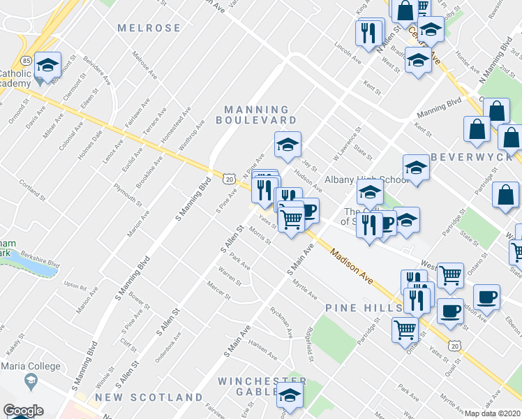 map of restaurants, bars, coffee shops, grocery stores, and more near 5 South Allen Street in Albany
