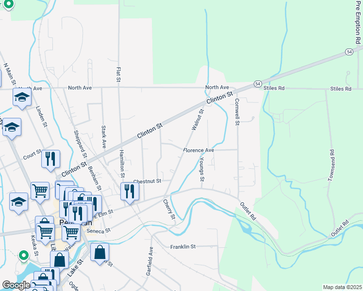 map of restaurants, bars, coffee shops, grocery stores, and more near 136 Walnut St in Penn Yan