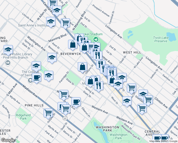 map of restaurants, bars, coffee shops, grocery stores, and more near 148 Ontario Street in Albany