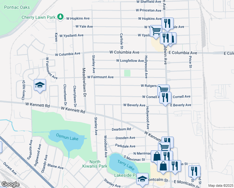 map of restaurants, bars, coffee shops, grocery stores, and more near 192 West Cornell Avenue in Pontiac