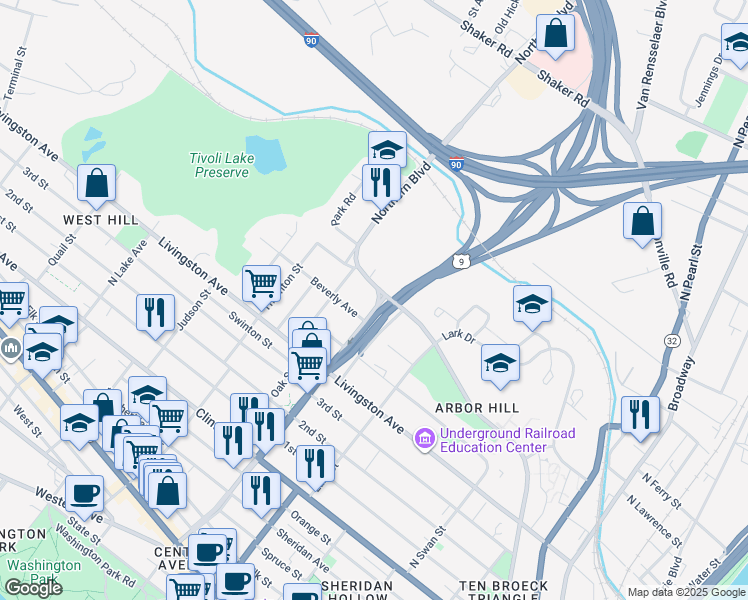 map of restaurants, bars, coffee shops, grocery stores, and more near 281 Northern Boulevard in Albany