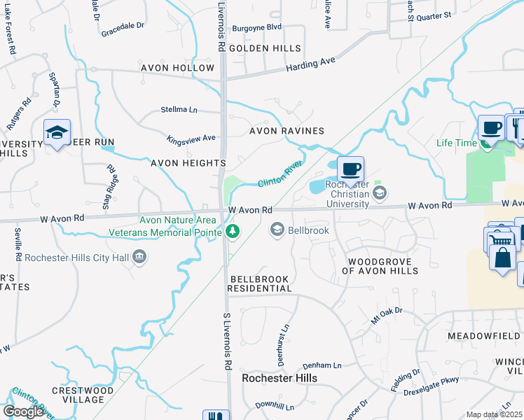 map of restaurants, bars, coffee shops, grocery stores, and more near 915 West Avon Road in Rochester Hills