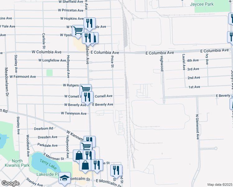 map of restaurants, bars, coffee shops, grocery stores, and more near 93 E Cornell Ave in Pontiac
