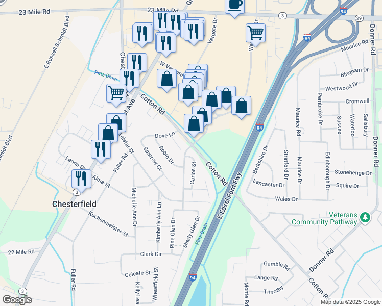 map of restaurants, bars, coffee shops, grocery stores, and more near 49390 Carlos Street in New Baltimore
