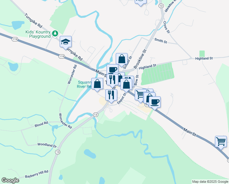 map of restaurants, bars, coffee shops, grocery stores, and more near 8 Elm Street in Townsend