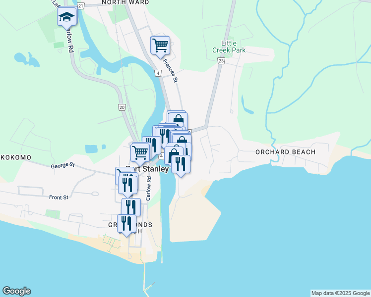 map of restaurants, bars, coffee shops, grocery stores, and more near 218 Joseph Street in Port Stanley