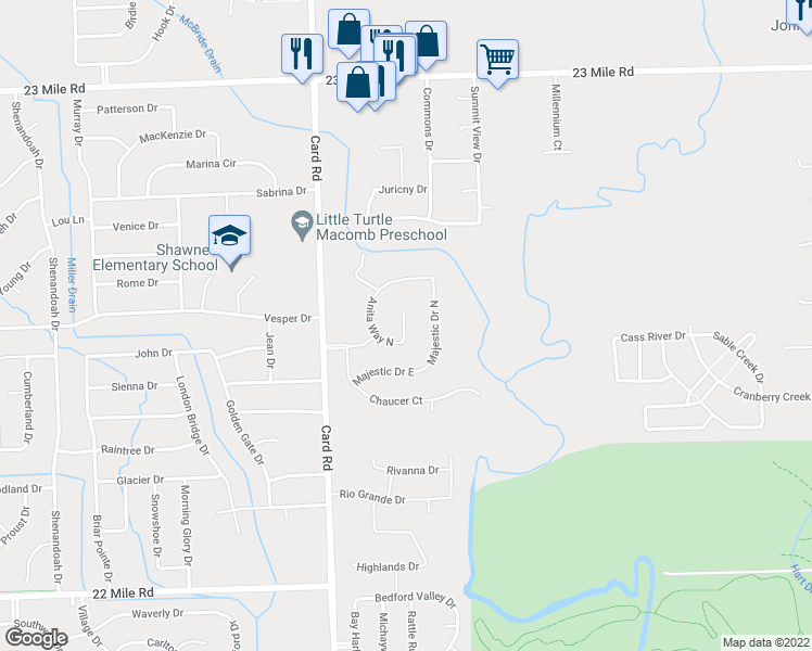 map of restaurants, bars, coffee shops, grocery stores, and more near 50052 Colony Court in Macomb