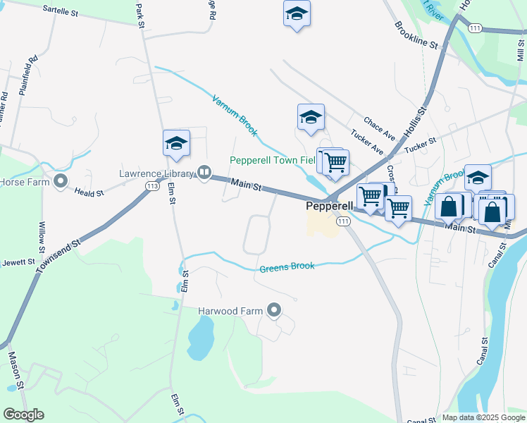 map of restaurants, bars, coffee shops, grocery stores, and more near 1 Independence Road in Pepperell