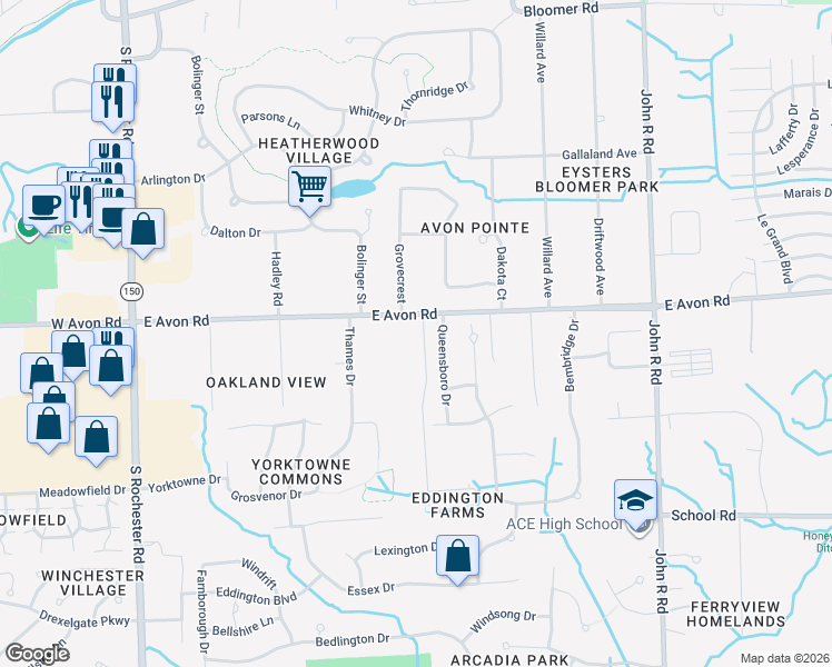map of restaurants, bars, coffee shops, grocery stores, and more near 532 East Avon Road in Rochester Hills