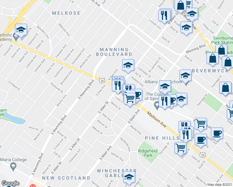 map of restaurants, bars, coffee shops, grocery stores, and more near 1 South Allen Street in Albany