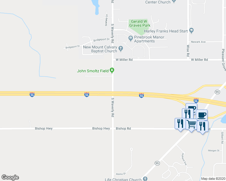 map of restaurants, bars, coffee shops, grocery stores, and more near 5318 Waverly Road in Lansing