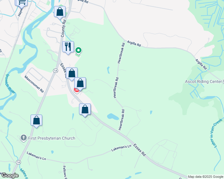 map of restaurants, bars, coffee shops, grocery stores, and more near 33 Heartbreak Road in Ipswich