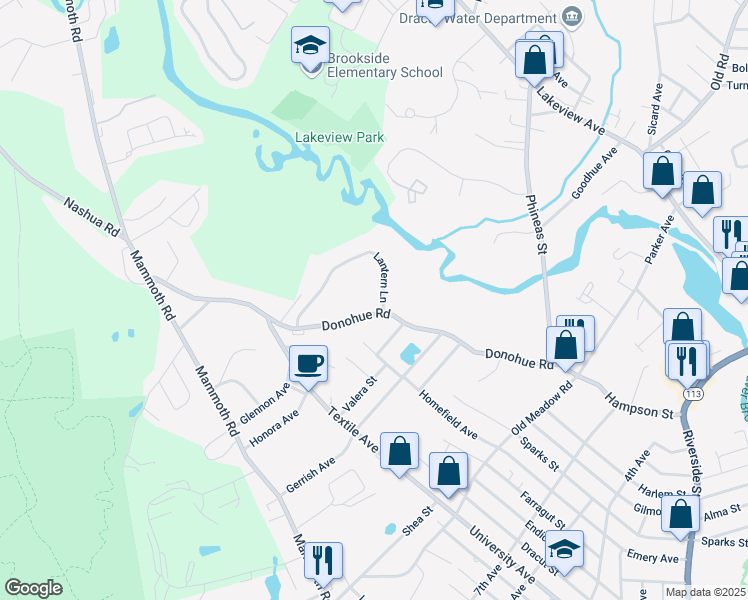 map of restaurants, bars, coffee shops, grocery stores, and more near 165 Donohue Road in Dracut