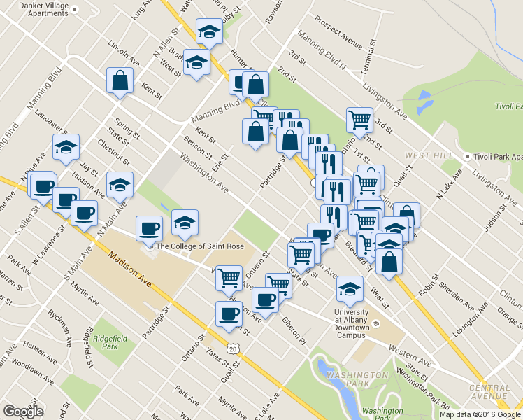 map of restaurants, bars, coffee shops, grocery stores, and more near 587 Washington Avenue in Albany