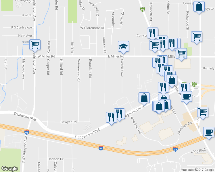 map of restaurants, bars, coffee shops, grocery stores, and more near 6271 Coulson Ct in Lansing