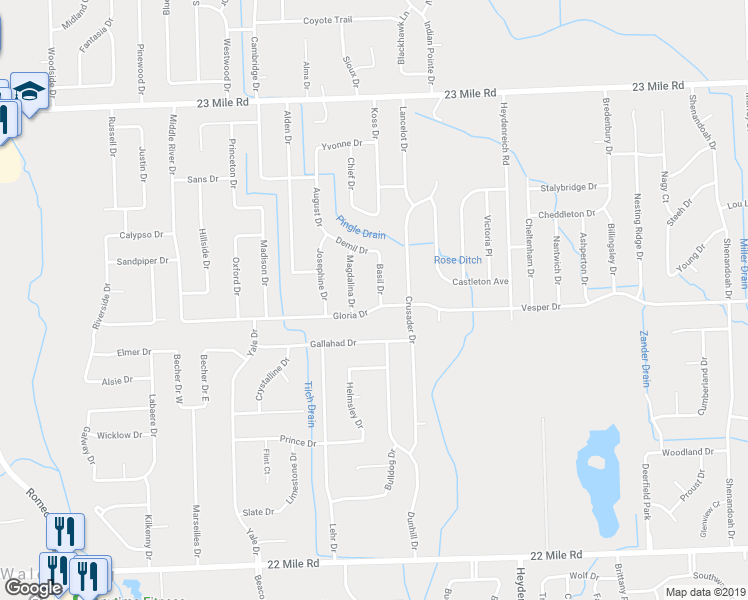 map of restaurants, bars, coffee shops, grocery stores, and more near 50041 Basil Drive in Macomb
