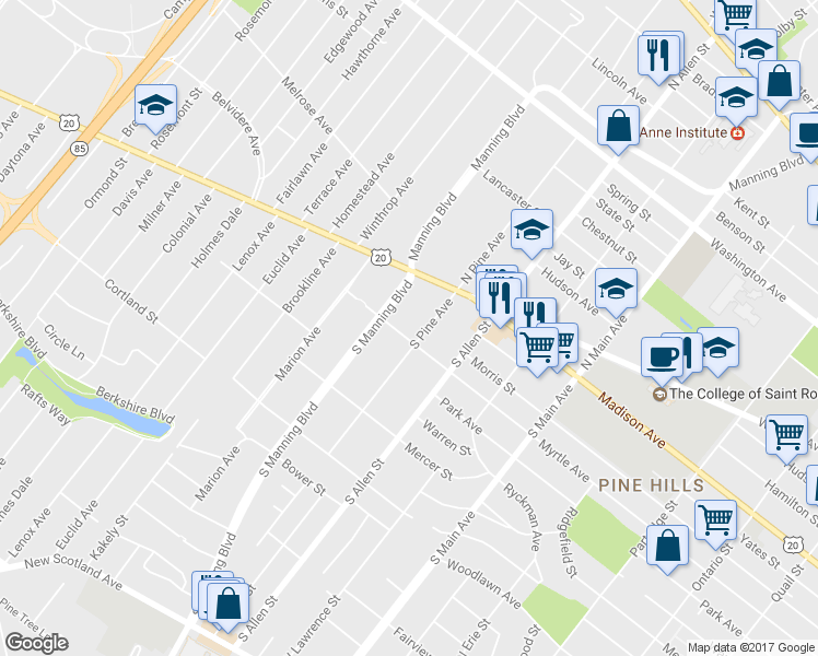 map of restaurants, bars, coffee shops, grocery stores, and more near 945 Myrtle Avenue in Albany