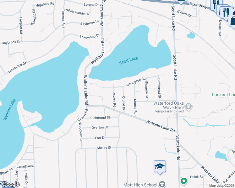 map of restaurants, bars, coffee shops, grocery stores, and more near 1830 Revere Road in Waterford Township