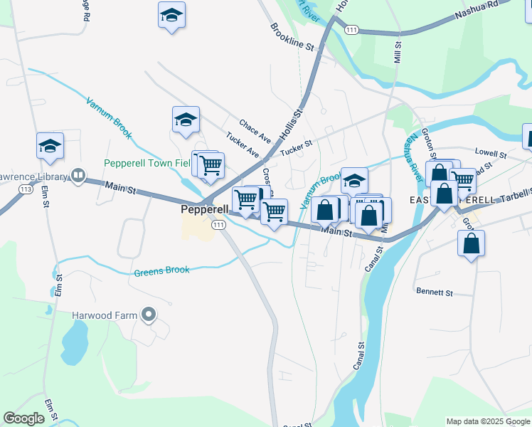 map of restaurants, bars, coffee shops, grocery stores, and more near 58 Main Street in Pepperell