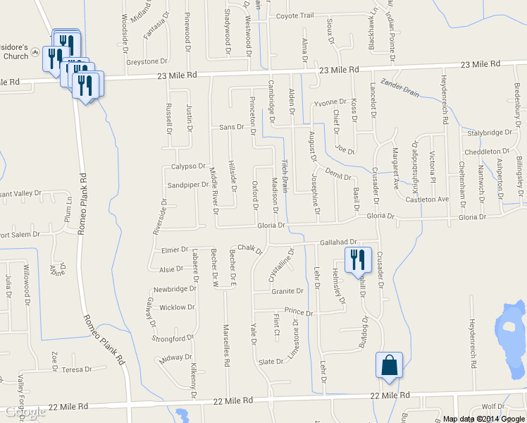 map of restaurants, bars, coffee shops, grocery stores, and more near 50112 Oxford Dr in Macomb