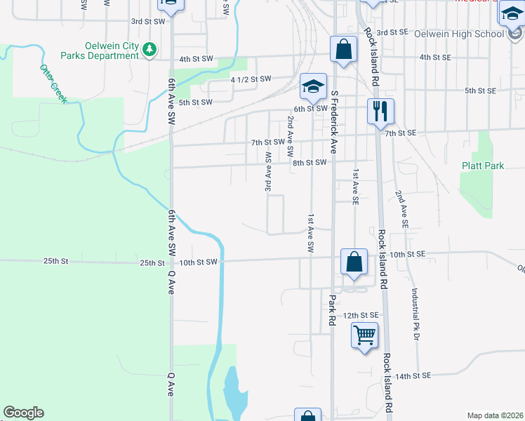 map of restaurants, bars, coffee shops, grocery stores, and more near 900-998 3rd Avenue Southwest in Oelwein
