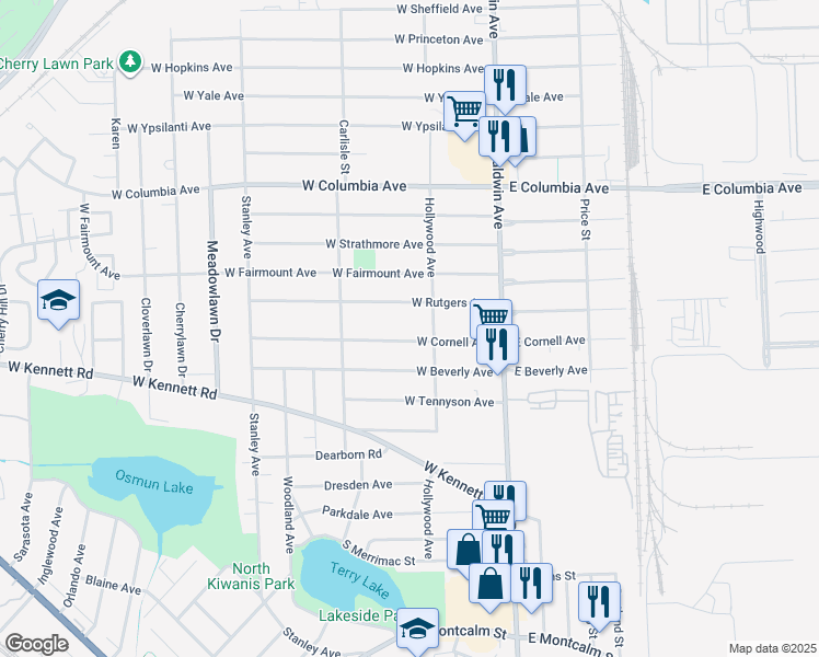 map of restaurants, bars, coffee shops, grocery stores, and more near 102 W Cornell Ave in Pontiac