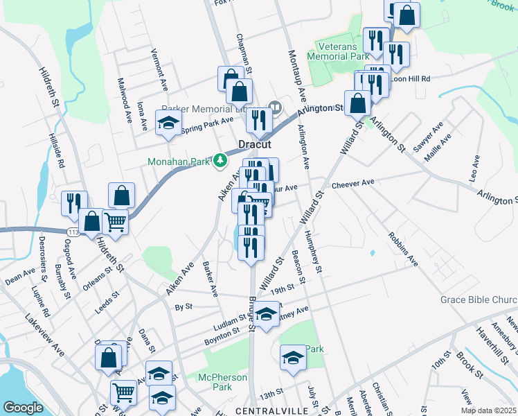 map of restaurants, bars, coffee shops, grocery stores, and more near 21 Emerson Avenue in Dracut