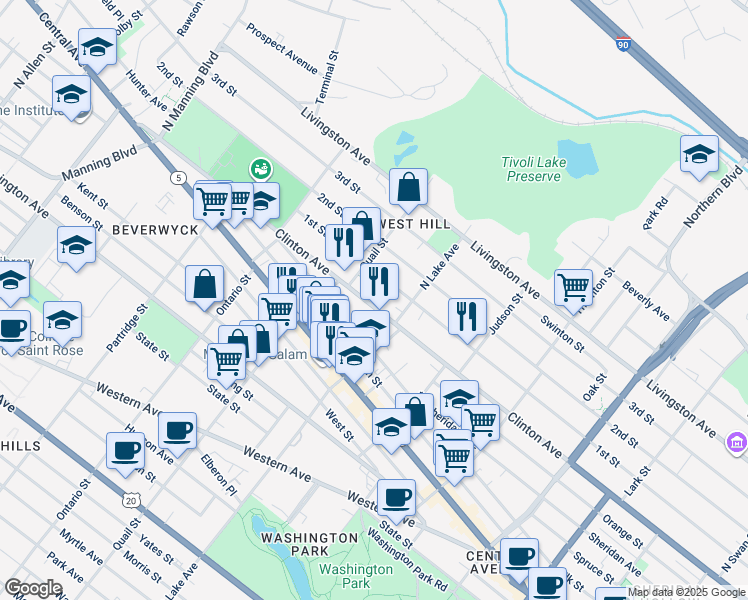 map of restaurants, bars, coffee shops, grocery stores, and more near 585 Clinton Avenue in Albany
