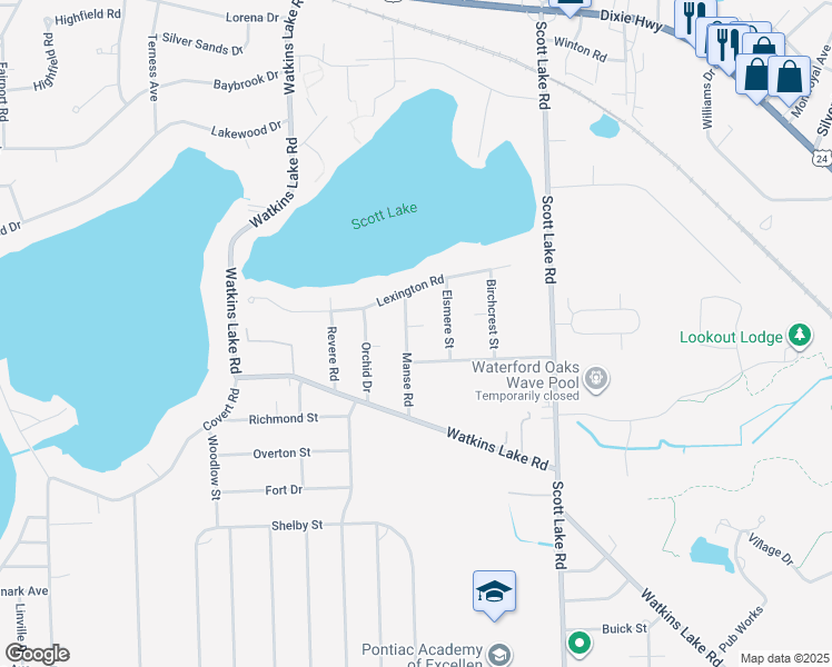 map of restaurants, bars, coffee shops, grocery stores, and more near 1840 Manse Road in Waterford Township