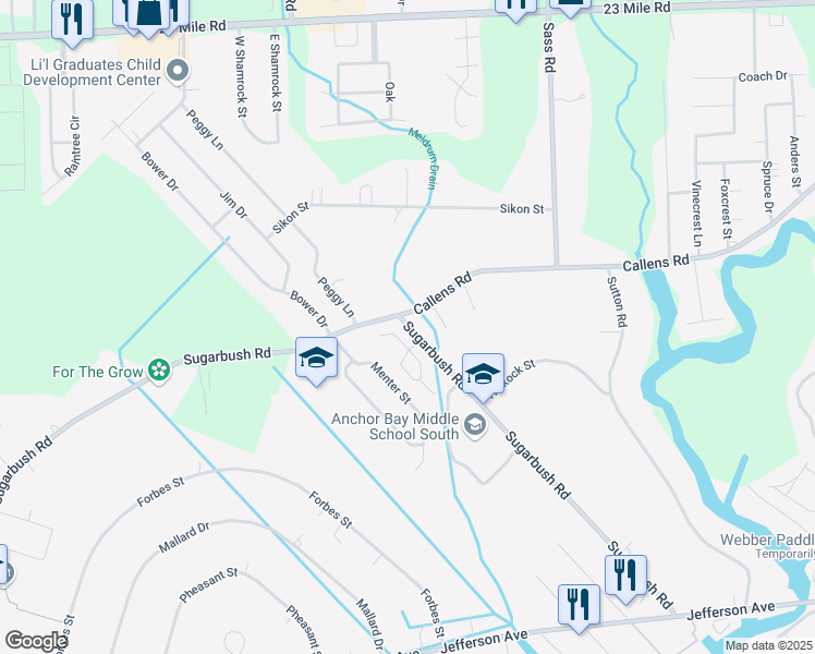 map of restaurants, bars, coffee shops, grocery stores, and more near 48520 Sugarbush Road in Macomb