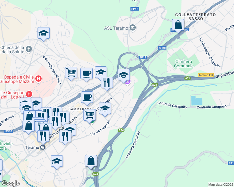 map of restaurants, bars, coffee shops, grocery stores, and more near 52 Via Luigi Tripoti in Teramo