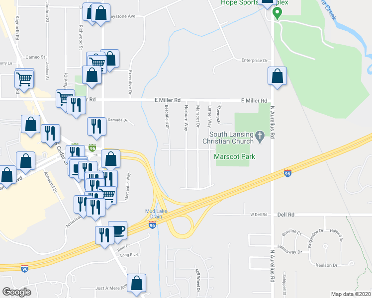 map of restaurants, bars, coffee shops, grocery stores, and more near 1501 Waycross Drive in Lansing