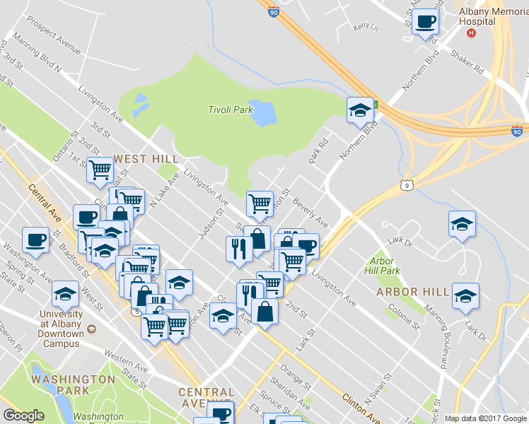 map of restaurants, bars, coffee shops, grocery stores, and more near 58 Thornton Street in Albany