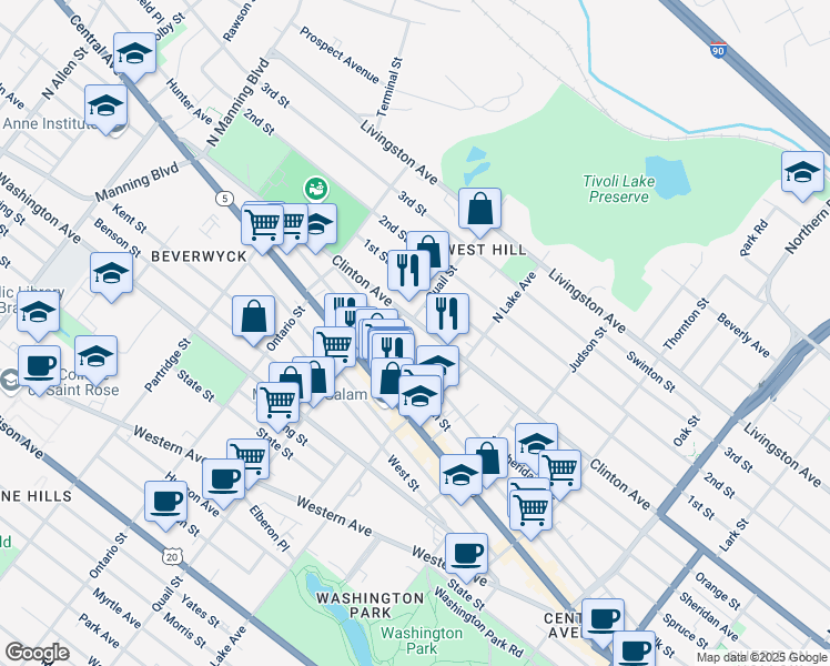 map of restaurants, bars, coffee shops, grocery stores, and more near 447 Elk Street in Albany