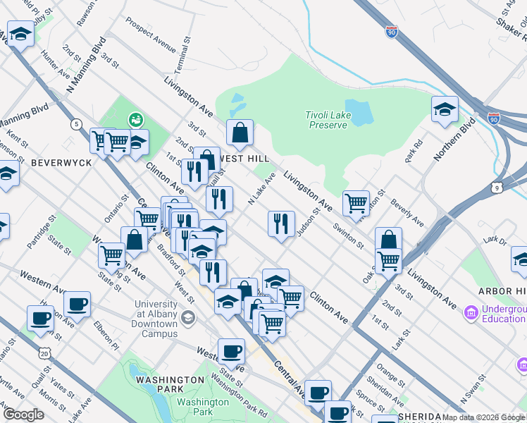 map of restaurants, bars, coffee shops, grocery stores, and more near 384 2nd Street in Albany