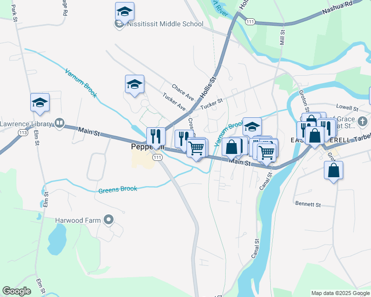 map of restaurants, bars, coffee shops, grocery stores, and more near 58 Main Street in Pepperell