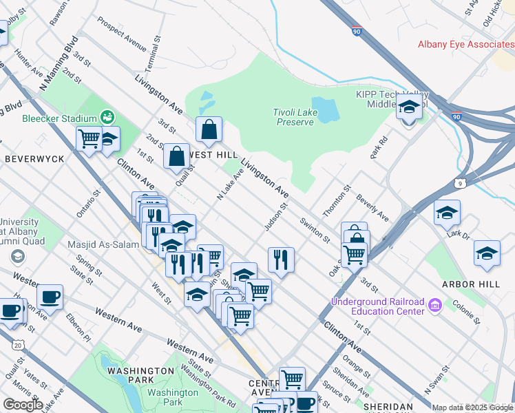 map of restaurants, bars, coffee shops, grocery stores, and more near 344 3rd Street in Albany