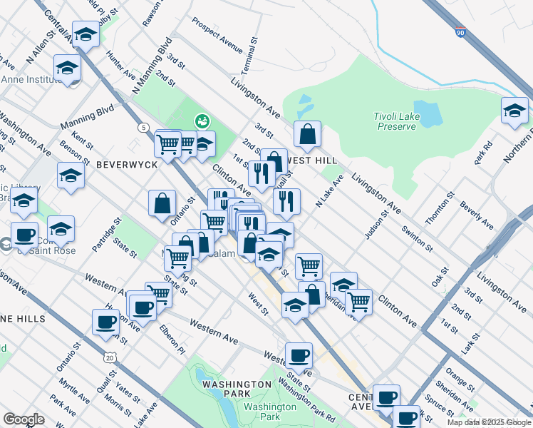 map of restaurants, bars, coffee shops, grocery stores, and more near 447 Elk Street in Albany