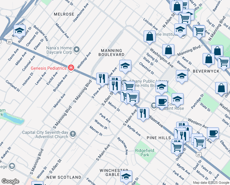 map of restaurants, bars, coffee shops, grocery stores, and more near 5 South Allen Street in Albany