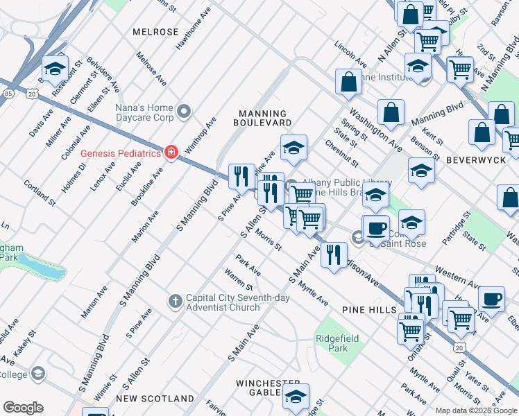 map of restaurants, bars, coffee shops, grocery stores, and more near 5 South Allen Street in Albany